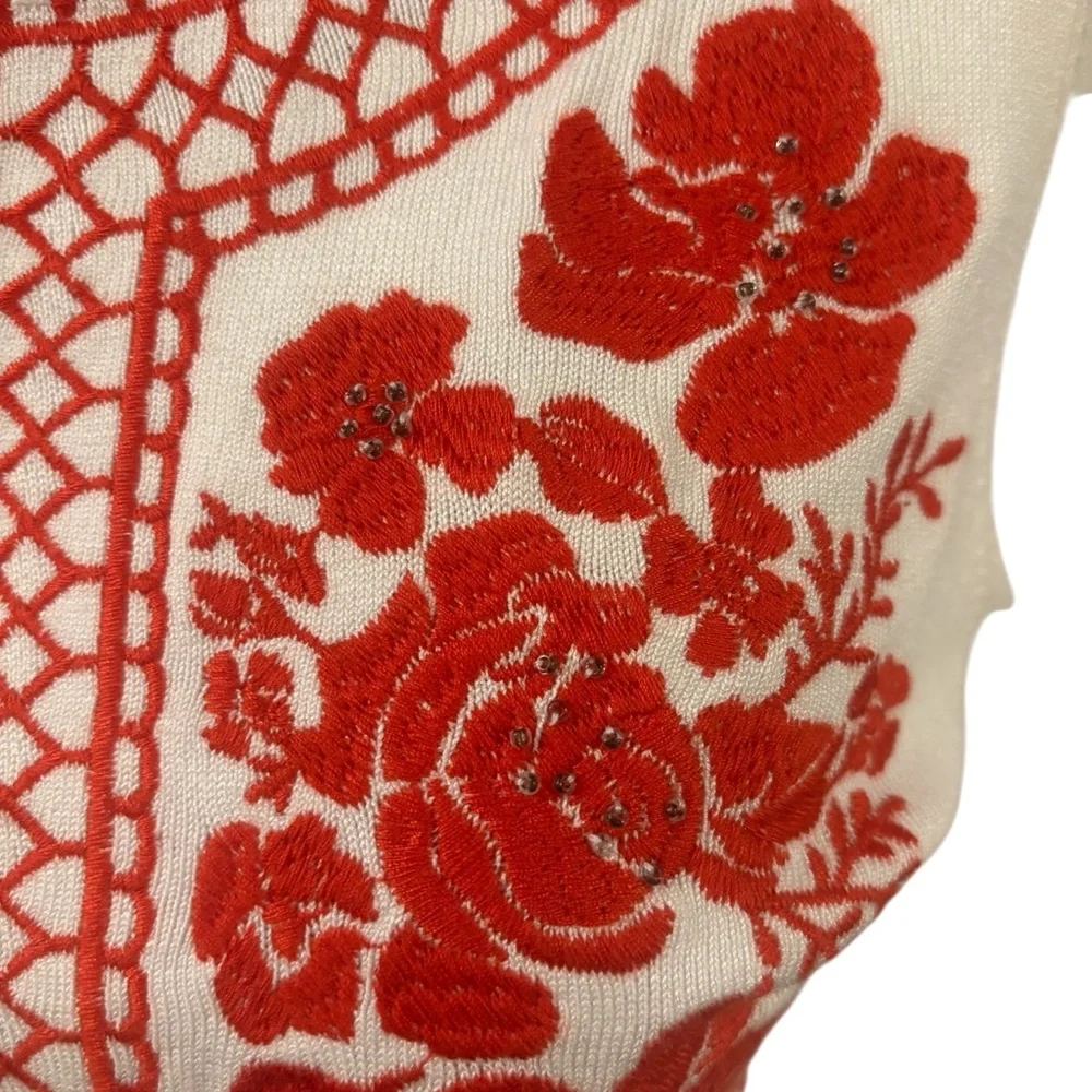 Charter Club White with Red Floral Embroidery Button up Sweater Small
